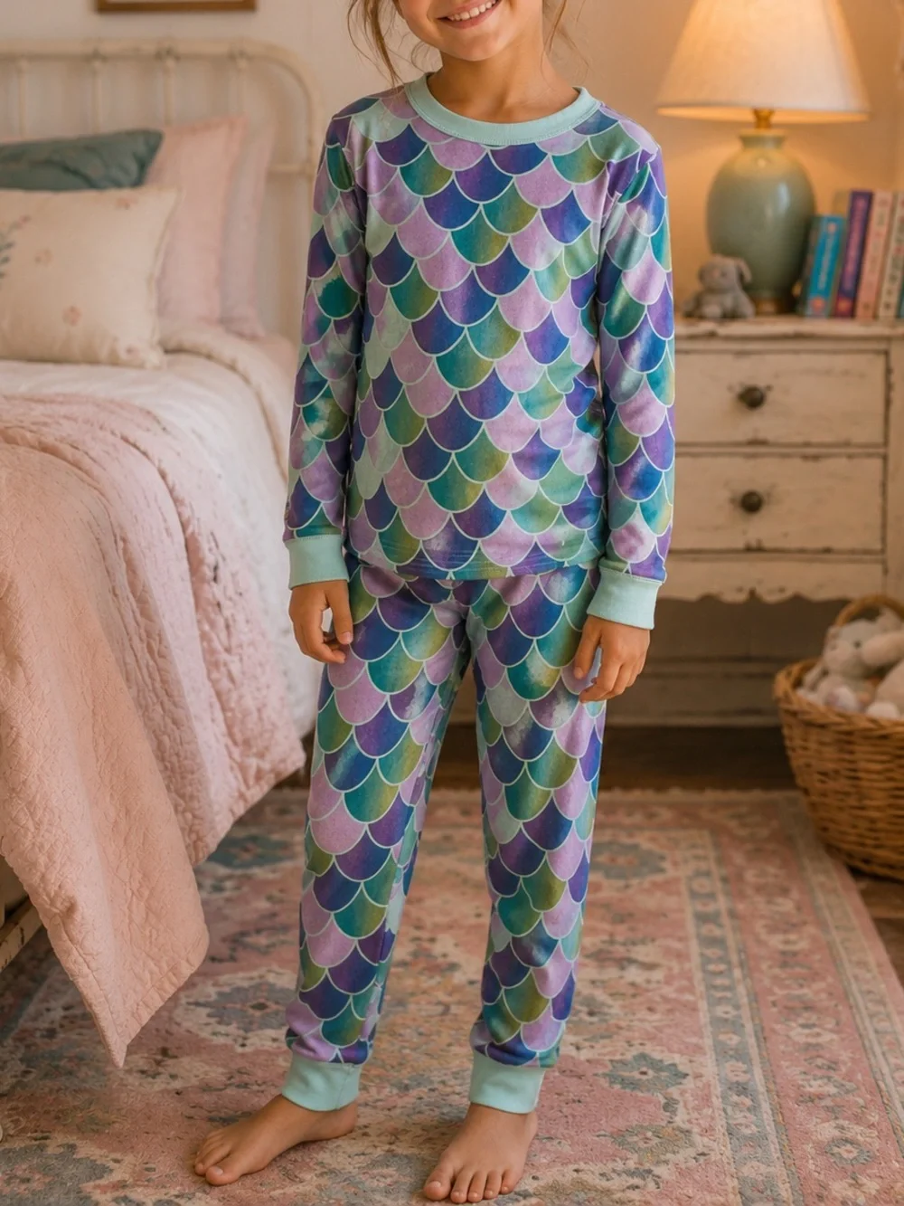 Hanna Andersson Mermaid Scale Pajama Set Purple, Teal Green 100% Organic Cotton